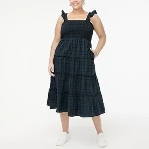 j crew black watch plaid dress J Crew AT593 NWT XXS Classic Black Watch Plaid Tie-Neck Tiered Dress w/Pockets